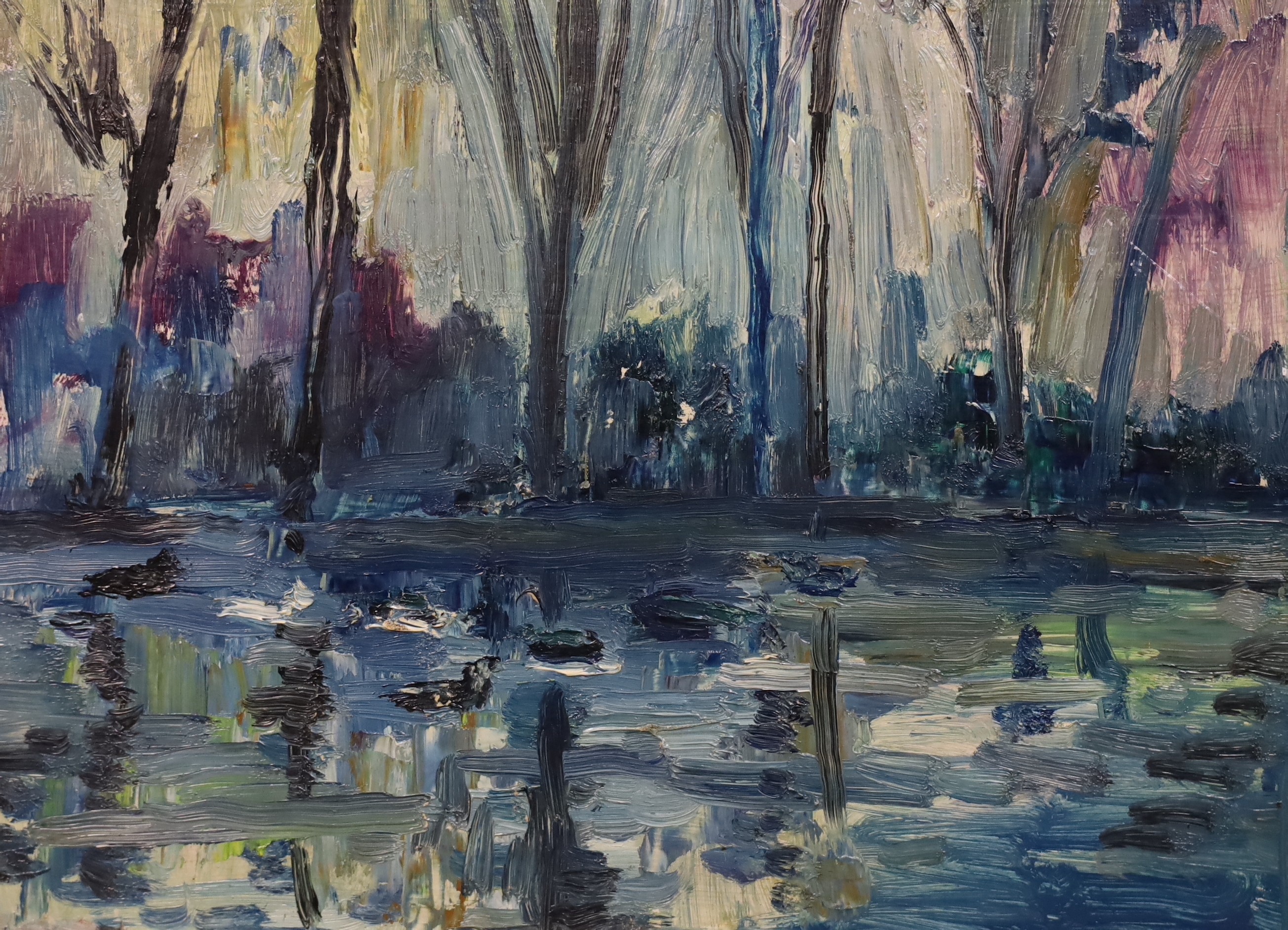 James Lawrence Isherwood (British, 1917- 1989), River landscape, oil on board, 29 x 39cm